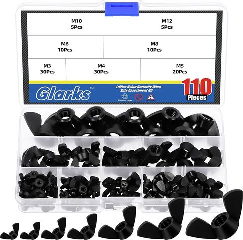 Glarks 110pcs 7 أحجام مجموعة أسود الجناح الجناح مجموعة التشويش ، M3 ، M4 ، M5 ، M6 ، M8 ، M10 ، M12 ، المكسرات الفراشة نايلون عالية القوة ، مراكز الترباس الجناح ، تويست يدوي جوز الأذن جناح الأذن in Saudi Arabia