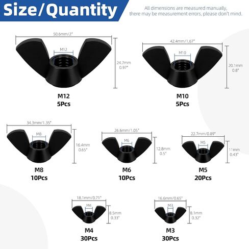 Glarks 110pcs 7 أحجام مجموعة أسود الجناح الجناح مجموعة التشويش ، M3 ، M4 ، M5 ، M6 ، M8 ، M10 ، M12 ، المكسرات الفراشة نايلون عالية القوة ، مراكز الترباس الجناح ، تويست يدوي جوز الأذن جناح الأذن in Saudi Arabia