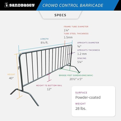 Sandbaggy Metal 8.5 ft Crowd Control Barricades - Interlocking Barriers - Removable Bridge Feet - Portable Temporary Fence, Rust Resistant Steel (4, 8.5 ft x 40 in (W x H)) in Kuwait