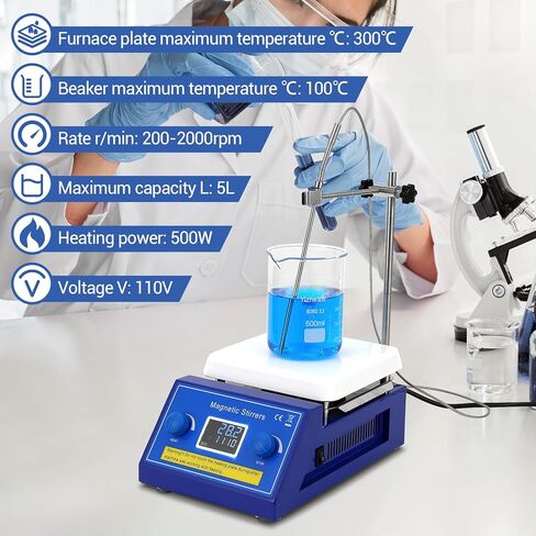 300°C/572°F Digital Hotplate Magnetic Stirrer, 6.69 Inch Hotplate Ceramic Coated Work Plate, 200-2000rpm, Led Panel, Temperature Control & Speed Adjust, 5L Lab Stirrers Hotplate in Kuwait