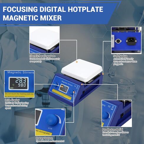 300°C/572°F Digital Hotplate Magnetic Stirrer, 6.69 Inch Hotplate Ceramic Coated Work Plate, 200-2000rpm, Led Panel, Temperature Control & Speed Adjust, 5L Lab Stirrers Hotplate in Kuwait