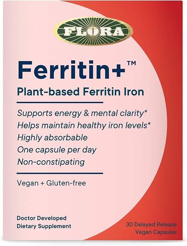 Flora Ferritin+ Delayed-Release Iron Supplement - Plant-Based Iron Supplement - Blood Cell & Energy Support - Vegan & Gluten-Free - Amber Glass Bottle - 30 Vegan Capsules in Saudi Arabia