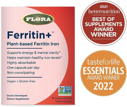 Flora Ferritin+ Delayed-Release Iron Supplement - Plant-Based Iron Supplement - Blood Cell & Energy Support - Vegan & Gluten-Free - Amber Glass Bottle - 30 Vegan Capsules in Saudi Arabia