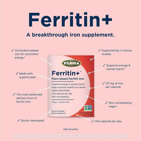 Flora Ferritin+ Delayed-Release Iron Supplement - Plant-Based Iron Supplement - Blood Cell & Energy Support - Vegan & Gluten-Free - Amber Glass Bottle - 30 Vegan Capsules in Saudi Arabia