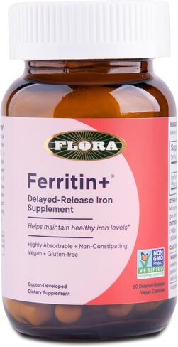 Flora Ferritin+ Delayed-Release Iron Supplement - Plant-Based Iron Supplement - Blood Cell & Energy Support - Vegan & Gluten-Free - Amber Glass Bottle - 30 Vegan Capsules in Saudi Arabia