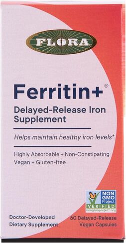 Flora Ferritin+ Delayed-Release Iron Supplement - Plant-Based Iron Supplement - Blood Cell & Energy Support - Vegan & Gluten-Free - Amber Glass Bottle - 30 Vegan Capsules in Saudi Arabia
