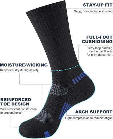 Mens Cotton Work Socks, 5 Pairs Full Cushion Crew Boot Socks Moisture-Wicking & Reinforced for Hiking Walking Outdoor in Saudi Arabia