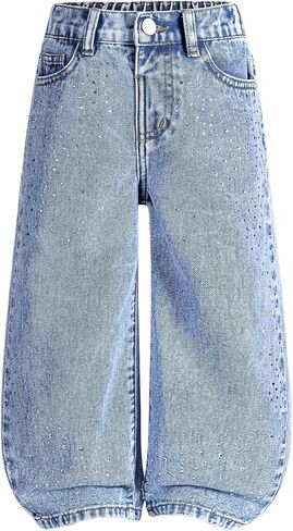 Verdusa Toddler Girl's Rhinestone Sparkly Wide Leg Jeans Streetwear Denim Pants with Pockets in Saudi Arabia
