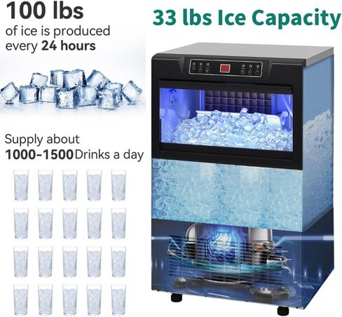 YITAHOME 100lbs Ice Maker Machine Commercial Under Counter Ice Maker, ETL & DOE Certificated Commercial Large Ice Makers Freestanding for Home Cafe Bar Restaurant 45pcs with 33lbs Storage Bin in Saudi Arabia