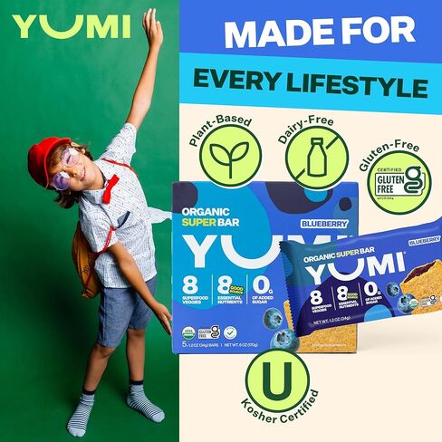 yumi الإفطار العضوي superbar ، خالية من الغلوتين ، بدون سكر إضافي ، 7+ خضروات ، قشرة مخبوزة ناعمة ، قضبان وجبة خفيفة صحية للأطفال ، بديل آمن ، صحية عن قضبان الجرانولا أو حانات الحبوب ، الفراولة (30CT) in Kuwait