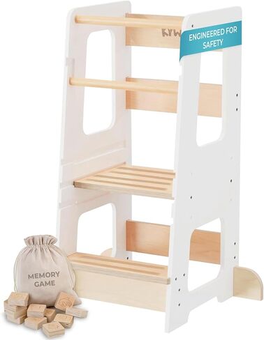 Toddler Tower for Kids, Adjustable Wooden Standing Tower & Kitchen Step Stool, Anti-Tip Montessori Tower with Removable Safety Rails & Non-Slip Steps - Sustainable Reclaimed Wood (White) in Kuwait