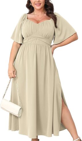 Plus Size Dress Wedding Guest Semi Formal Ruffle Short Sleeve Sweetheart Neckline Slit A Line Flowy Maxi Dresses in Kuwait