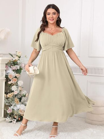 Plus Size Dress Wedding Guest Semi Formal Ruffle Short Sleeve Sweetheart Neckline Slit A Line Flowy Maxi Dresses in Kuwait
