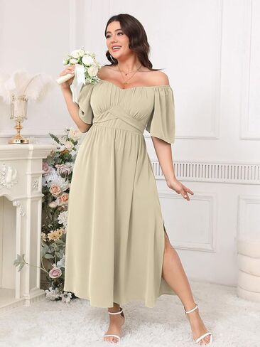 Plus Size Dress Wedding Guest Semi Formal Ruffle Short Sleeve Sweetheart Neckline Slit A Line Flowy Maxi Dresses in Kuwait