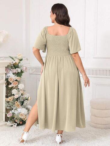 Plus Size Dress Wedding Guest Semi Formal Ruffle Short Sleeve Sweetheart Neckline Slit A Line Flowy Maxi Dresses in Kuwait