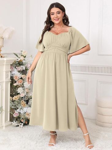 Plus Size Dress Wedding Guest Semi Formal Ruffle Short Sleeve Sweetheart Neckline Slit A Line Flowy Maxi Dresses in Kuwait