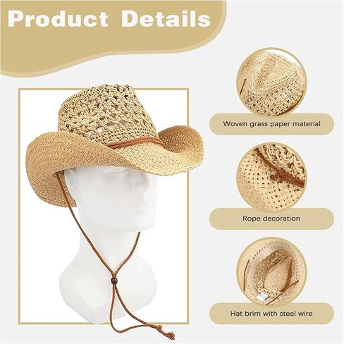 Straw Cowboy Hats Western Cowgirl Hat for Women/Men Foldable Wide Brim Cowboy Hat Travel Vacation Beach Sun Hats in Saudi Arabia