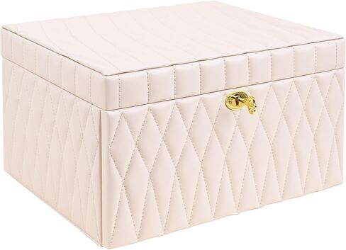 Wooden Jewelry Box Organizer Luxurious Faux-Leather with Key Lock Drawer Mirror Earrings Necklace Ring Rests for Women(Off White) in Saudi Arabia
