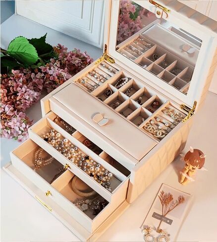 Wooden Jewelry Box Organizer Luxurious Faux-Leather with Key Lock Drawer Mirror Earrings Necklace Ring Rests for Women(Off White) in Saudi Arabia