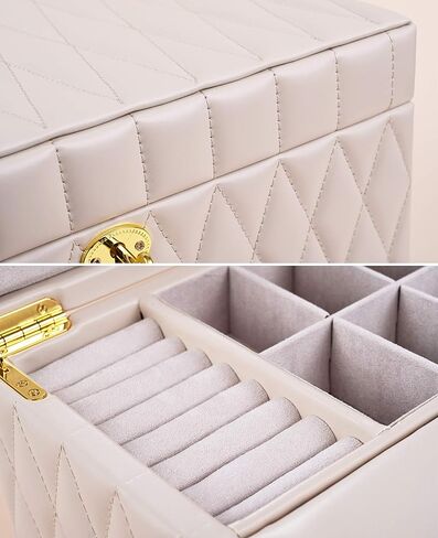 Wooden Jewelry Box Organizer Luxurious Faux-Leather with Key Lock Drawer Mirror Earrings Necklace Ring Rests for Women(Off White) in Saudi Arabia