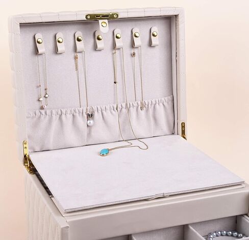 Wooden Jewelry Box Organizer Luxurious Faux-Leather with Key Lock Drawer Mirror Earrings Necklace Ring Rests for Women(Off White) in Saudi Arabia