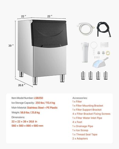 VEVOR Commercial Ice Maker Storage Bin, 250LBS Capacity Ice Bin, Stainless Steel Ice Storage Bin with Filter and Adjustable Anti-Slip Rubber Feet, Suitable for Restaurant Hotel and Beverage Shops in Saudi Arabia