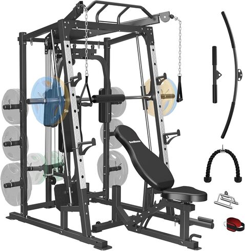 SunHome Smith Machine, 2000LBS Power Cage Squat Rack with Smith Bar, Two LAT Pull-Down Systems, Cable Crossover Machine and and More Cable Attachment for Home Gym in Kuwait
