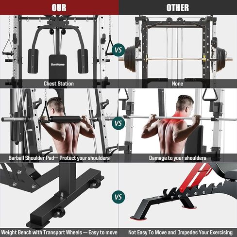 SunHome Smith Machine, 2000LBS Power Cage Squat Rack with Smith Bar, Two LAT Pull-Down Systems, Cable Crossover Machine and and More Cable Attachment for Home Gym in Kuwait