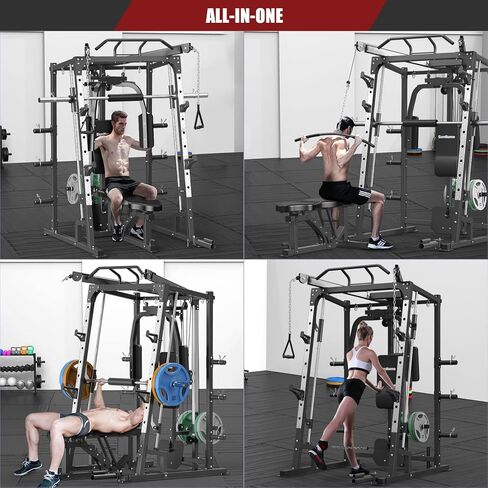 SunHome Smith Machine, 2000LBS Power Cage Squat Rack with Smith Bar, Two LAT Pull-Down Systems, Cable Crossover Machine and and More Cable Attachment for Home Gym in Kuwait