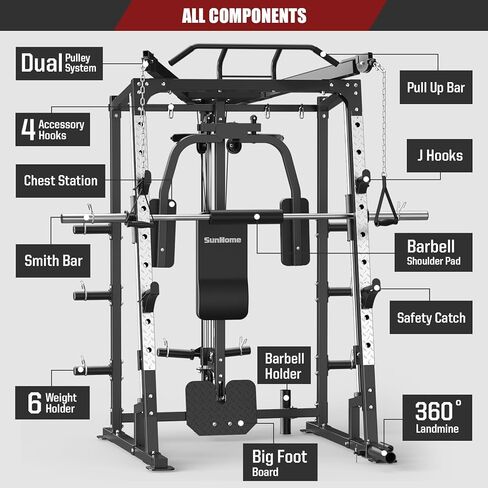 SunHome Smith Machine, 2000LBS Power Cage Squat Rack with Smith Bar, Two LAT Pull-Down Systems, Cable Crossover Machine and and More Cable Attachment for Home Gym in Kuwait
