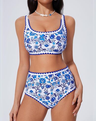 SUUKSESS Women High Waisted Bikini Set Floral Print Color Block 2 Piece Swimsuit in Saudi Arabia