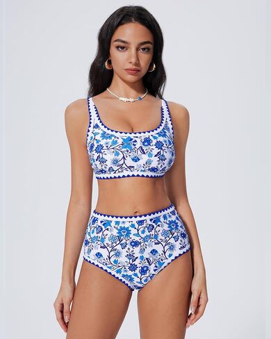 SUUKSESS Women High Waisted Bikini Set Floral Print Color Block 2 Piece Swimsuit in Saudi Arabia