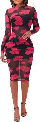 نساء مثير انظر من خلال شبكة طويلة الأكمام ruched midi فساتين المحاصيل أعلى bodycon تنورة 3 قطعة ملابس مجموعة النادي in Kuwait