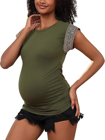 Women's Maternity Tops Summer Short Cap Sleeve Gold Thread Trim Maternity Shirts Crew Neck Pregnancy Tunic Blouse Black M in Kuwait