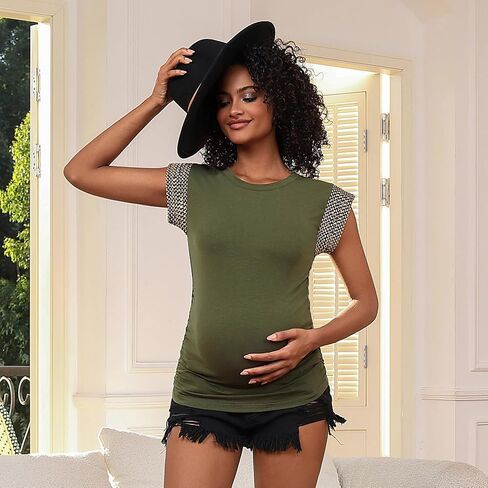 Women's Maternity Tops Summer Short Cap Sleeve Gold Thread Trim Maternity Shirts Crew Neck Pregnancy Tunic Blouse Black M in Kuwait