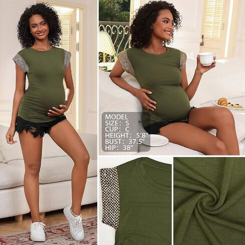 Women's Maternity Tops Summer Short Cap Sleeve Gold Thread Trim Maternity Shirts Crew Neck Pregnancy Tunic Blouse Black M in Kuwait