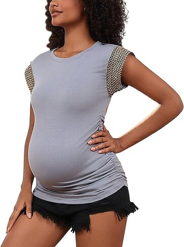 Women's Maternity Tops Summer Short Cap Sleeve Gold Thread Trim Maternity Shirts Crew Neck Pregnancy Tunic Blouse Black M in Kuwait