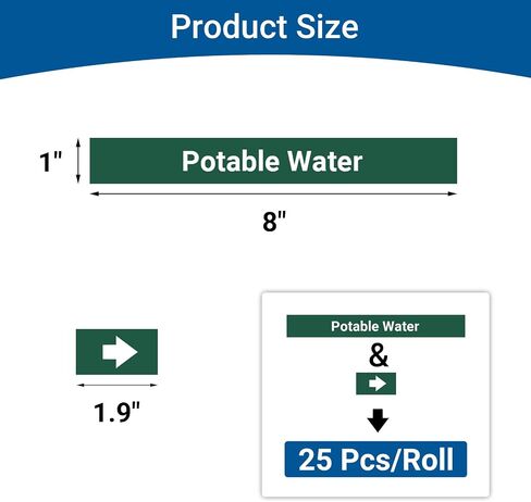 Marine Pipe Markers - "Potable Water" Safety Labels for Boat, Waterproof Self-Adhesive Pipe Identification Stickers, 1" H x 8" W, 25 Pcs/Roll (Potable Water) in Saudi Arabia