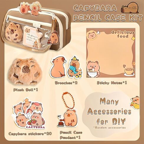 Kawaii Capybara Makeup Bag Kit, Plush Doll+20 Stickers+2 Brooches+Sticky Notes+Pendant, 9-Layer Large-Capacity Pencil Case (Brown) in Kuwait