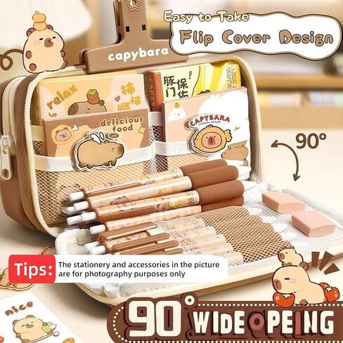 Kawaii Capybara Makeup Bag Kit, Plush Doll+20 Stickers+2 Brooches+Sticky Notes+Pendant, 9-Layer Large-Capacity Pencil Case (Brown) in Kuwait