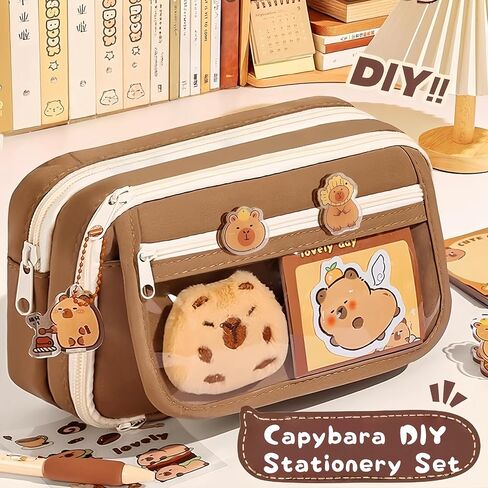 Kawaii Capybara Makeup Bag Kit, Plush Doll+20 Stickers+2 Brooches+Sticky Notes+Pendant, 9-Layer Large-Capacity Pencil Case (Brown) in Kuwait