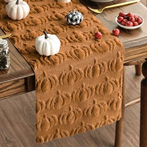 Artoid Mode Caramel Soft Plush Faux Fur Jacquard Pumpkins Fall Table Runner, Seasonal Autumn Kitchen Dining Table Decoration for Home Party Decor 13x72 Inch in Saudi Arabia