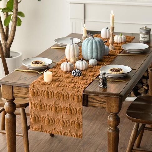 Artoid Mode Caramel Soft Plush Faux Fur Jacquard Pumpkins Fall Table Runner, Seasonal Autumn Kitchen Dining Table Decoration for Home Party Decor 13x72 Inch in Saudi Arabia