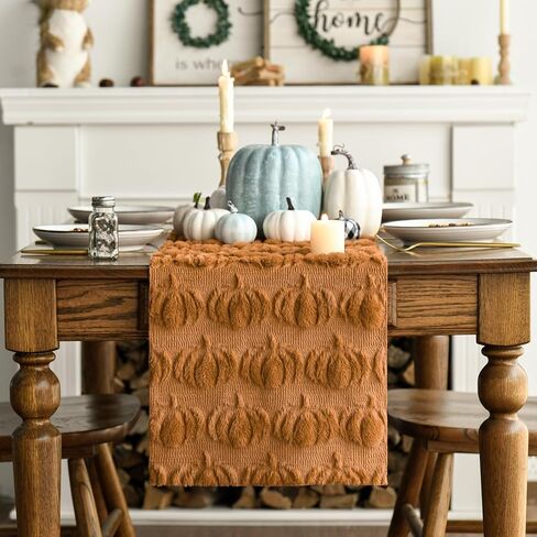 Artoid Mode Caramel Soft Plush Faux Fur Jacquard Pumpkins Fall Table Runner, Seasonal Autumn Kitchen Dining Table Decoration for Home Party Decor 13x72 Inch in Saudi Arabia