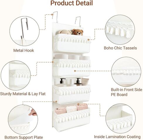 Dahey Over The Door Organizer 5 Pockets Hanging Behind Door Storage, White | Boho Cotton Tassels, Fits 1.77" Door, Space Saving & Big Capacity, Versatile Use, for Nursery Bathroom Bedroom Dorm Decor in Saudi Arabia