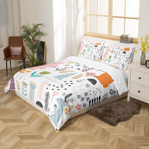 Feelyou Cute Sloth Dino Duvet Cover Twin, Nursery Cute Wild Animals Bedding Set for Boys Girls Jungle Animals Comforter Cover Cartoon Zoo Animal Bed Set Microfiber Bedclothes Zipper (No Comforter) in Kuwait