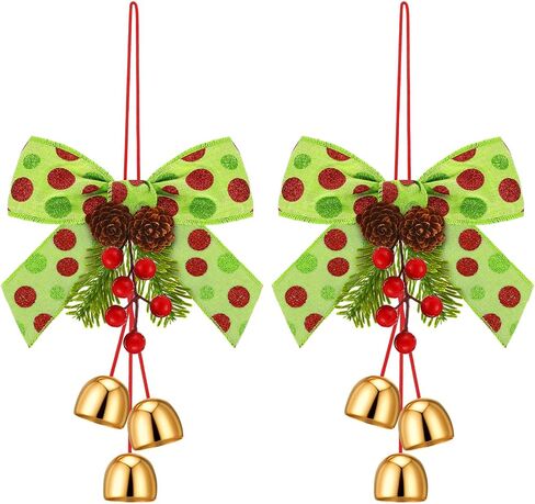 2 PCS أقواس إكليل عيد الميلاد مع أجراس Jingle و Pinecone معلقة شجرة عيد الميلاد Topper عيد الميلاد القوس القوس مع القلادة الجرس الزخرفة الزخرفة لحزب الخزانة المطبخ الديكور الحفلات in Kuwait