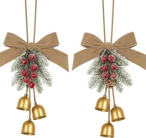 2 PCS أقواس إكليل عيد الميلاد مع أجراس Jingle و Pinecone معلقة شجرة عيد الميلاد Topper عيد الميلاد القوس القوس مع القلادة الجرس الزخرفة الزخرفة لحزب الخزانة المطبخ الديكور الحفلات in Saudi Arabia