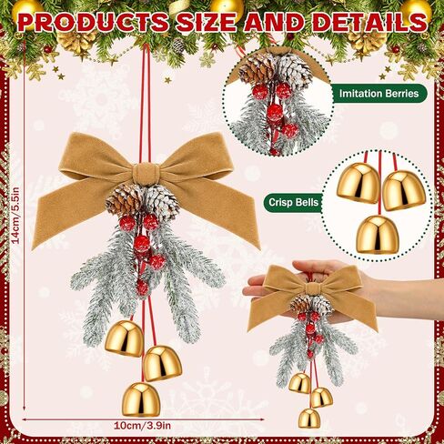 2 PCS أقواس إكليل عيد الميلاد مع أجراس Jingle و Pinecone معلقة شجرة عيد الميلاد Topper عيد الميلاد القوس القوس مع القلادة الجرس الزخرفة الزخرفة لحزب الخزانة المطبخ الديكور الحفلات in Saudi Arabia