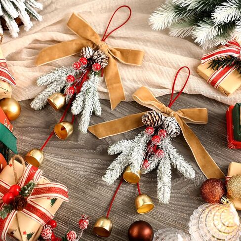 2 PCS أقواس إكليل عيد الميلاد مع أجراس Jingle و Pinecone معلقة شجرة عيد الميلاد Topper عيد الميلاد القوس القوس مع القلادة الجرس الزخرفة الزخرفة لحزب الخزانة المطبخ الديكور الحفلات in Saudi Arabia